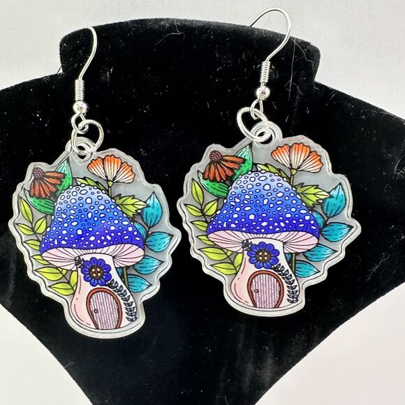 Fairy Mushroom House Flowers Earrings Funky Cottagecore - Picture 1 of 8